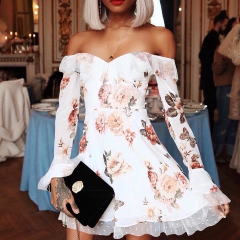 MAJORELLE REVOLVE Scout Bell-Sleeve Dress in White Zinnia